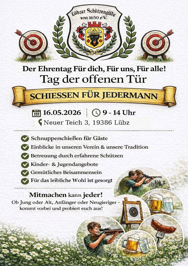 Bild vergr&ouml;&szlig;ern: Flyer Tag der offenen T&uuml;r, L&uuml;bzer Sch&uuml;tzengilde am 16.05.2026